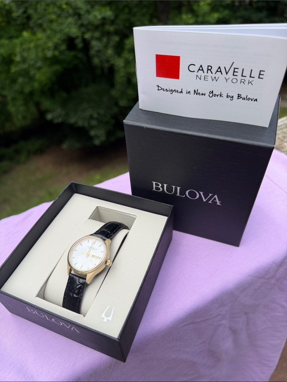 Bulova Women's Gold Case White Dial Black Leather Strap Watch - New in Box